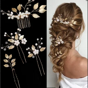 Pearl Flower Hairpin Set | Elegant Bridal Hair Accessories with Leaf Tiara