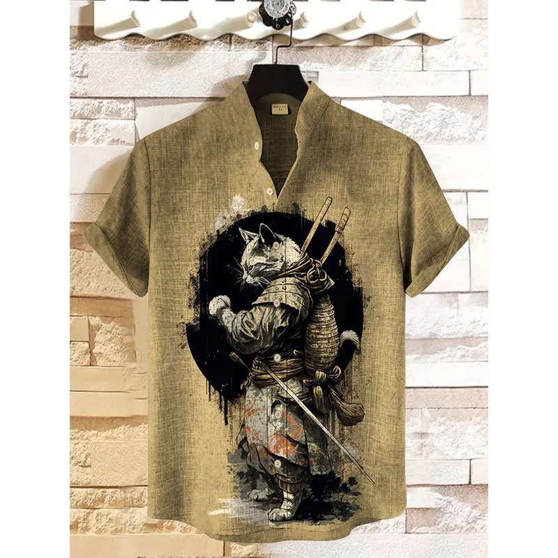 Men's Sakura Tree Samurai Button Down Cat Shirt - Image 13