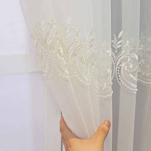 2pcs White Embroidered with Pearl Curtains - Image 2