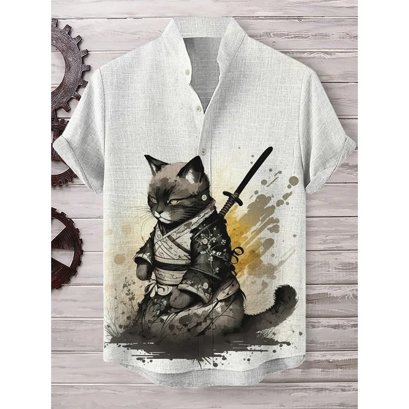 Men's Sakura Tree Samurai Button Down Cat Shirt - Image 12