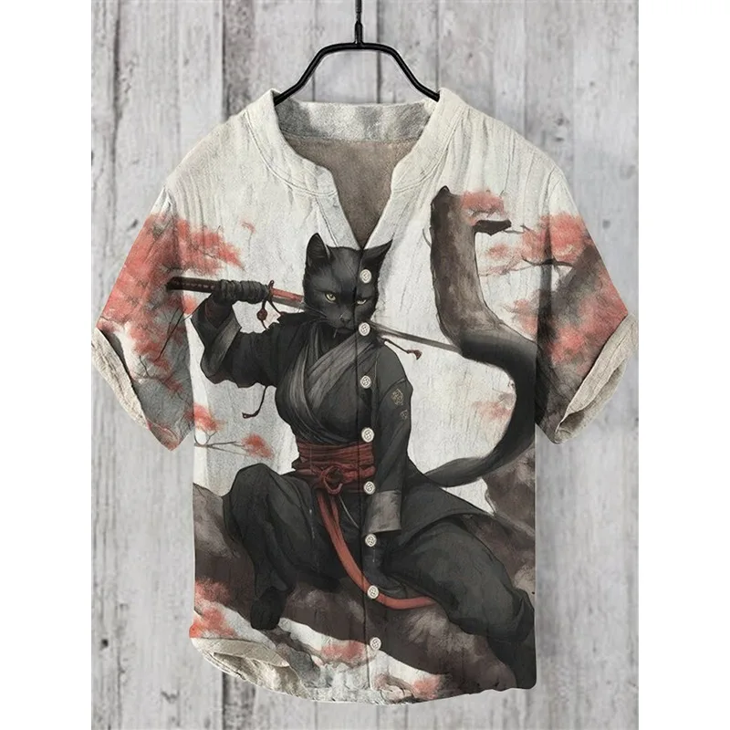 Men's Sakura Tree Samurai Button Down Cat Shirt - Image 10