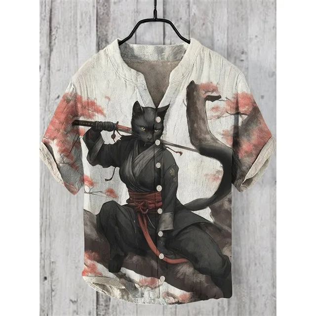 Men's Sakura Tree Samurai Button Down Cat Shirt - Image 6